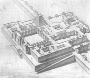 Plans du site et de la terrasse du palais de Khorsabad, et tentative de reconstitution de la zone palatiale d'après les conclusions des fouilles des consuls français. Le tracé des bâtiments est régularisé et donc imprécis, les fouilles postérieures ayant révélé que les murs n'étaient pas strictement parallèles et perpendiculaires les uns par rapport aux autres.