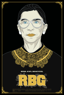 in a Black background with a golden border, an artwork of Ruth Bader Ginsburg wearing a black robe with a gold floral-like pattern below the neck. The tagline reads "HERO. ICON. DISSENTER."