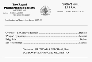 concert programme, listing Berlioz's Overture Roman Carnival; Mozart's Prague Symphony; Delius's Brigg Fair and Richard Strauss's Ein Heldenleben