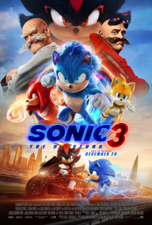 On top, Shadow, followed by Ivo (on the right) and Gerald Robotnik (on the left with a white mustache and jacket), and Sonic, Tails, and Knuckles coming out of a ring portal. On the bottom, Sonic chases after Shadow who is seen riding a Sports motorcycle near London.