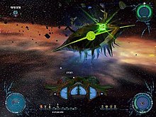 A screenshot of Sinistar: Unleashed. It displays a dark-shaded ship in the lower middle of the screen, battling a big bio-mechanical green-lighted machine. It additionally displays some gameplay information, such as the life level, weapons and power-ups, as well as the asteroid-filled background.