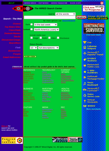 Screenshot of HotBot search engine as it appeared in 1997, with directory categories and a bright blue and green page background