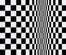 Black and light grey checkered pattern of squares that is horizontally shrunk at one third to the right side of the image