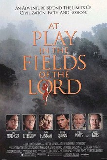 A misty jungle canopy, with large text showing the film title. Inset below are six small headshots of the actors.