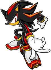 A tall and angry black hedgehog making a menacing pose. He has red eyes, dark skin around his snout and ears, red streaks on his quills and arms, black and gold handcuffs, white fur on his chest, and white, black, red, and yellow skates, with yellow-orange fire from his air shoes.