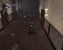 A screenshot showing a character in a hallway, shooting undead enemies.