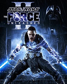 Out in the rain, the protagonist Starkiller wields two blue lightsabers as his body is surrounded by electricity, while Darth Vader, visible from the chest up, is superimposed in the background.