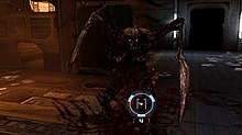 A character in first-person shoots at a monster in a darkened corridor.