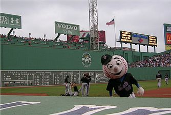 Mr. Met, the mascot of the New York Mets, at Fenway Park