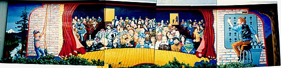 Lost mural painted by Bob Gardiner on exterior wall of a Portland repertory theater no longer in business, circa early 1980s.