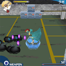 Screenshot showing the humanoid robot Aigis in a laboratory, summoning her persona above her to fight a group of enemies