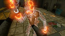 Player fights a ragdoll enemy with fists.