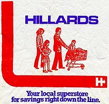 "On a white background, the name 'Hillards' in blue, upper case letters appears above a red line drawing of a man, woman, boy and girl. The man pushes a shopping trolley filled with goods on which a young boy rides; behind stands a girl carrying a box, followed by a woman. On the left, a solid red band in an 'L' shape extends beneath the line drawing. Beneath the 'L' shaped band, in a blue serif font, is the text, "Your local superstore for savings right down the line.""