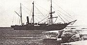 The yacht, anchored to the Antarctic ice