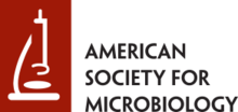 A stylized illustration of a microscope in white on a brick red background, beside the text: American Society for Microbiology