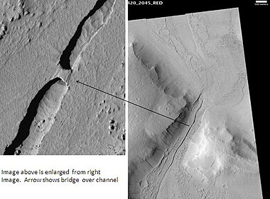 Tartarus Colles channel, as seen by HiRISE. Scale bar is 500 meters. Click on image to see bridge across channel.