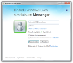 Kuvakaappaus Windows Live Messengerin kirjautumisikkunasta.