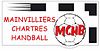Logo rectangulaire avec des points tillés dessinant un but de handball et l'inscription en rouge Mainvilliers Chartres Handball avec à sa droite un ballon de handball sur lequel est inscrit « MCHB ».