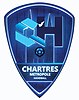 Logo avec le « CH » de Chartres Handball, des nuances de bleu et la cathédrale en fond.