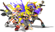 Rendering che mostra due Inkling ed un Octoling scontrarsi fra loro. L'Inkiling dalle fattezze femminili a sinistra possiede un arco come arma ed ha un lungo tentacolo giallo sulla testa che funge da capelli; in basso il secondo Inkling dalle fattezze maschili è abbassato ed una capigliatura corta, porta con sé un'arma simile ad una pistola ad acqua; infine l'Octoling a destra dalle fattezze maschili ha carnagione scura e dei tentacoli corti che fungono da capelli, al contrario degli Inkling le ventose sono all'esterno, porta con sé infine un pistola leggermente più grande della sua testa. In mezzo allo scontro c'è un miscuglio di inchiostro blu e giallo.