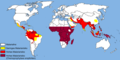 Maliarijos paplitimas pasaulyje (2005 m. duomenys)
