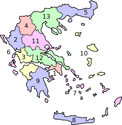 Карта која ги покажува областите на Грција