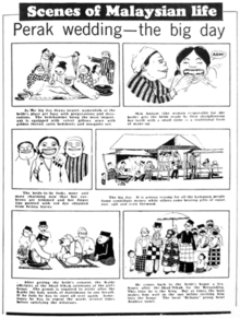 Enam bingkai segiempat, berserta pengisahan, menggambarkan persediaan untuk perkahwinan tradisional Melayu: the bride's beauty regime of grinding her teeth even with a stone and the groom's religious ceremonies.