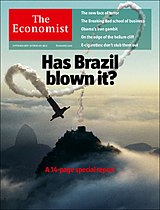 Imagem ao lado mostra outra capa da mesma revista cujo título, traduzido, é "O Brasil estragou tudo?" e o Cristo aparece seguido de um rastro de fumaça com trajeto errante.