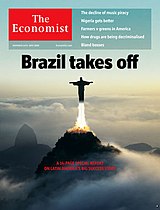 Capa da revista The Economist que mostra a estátua do Cristo Redentor decolando como um foguete. O título, traduzido, é "O Brasil decola".