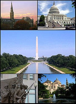 Top left: Georgetown University; top right: U.S. Capitol; middle: Washington Monument; bottom left: African American Civil War Memorial; bottom right: National Shrine