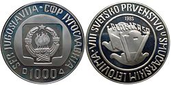 1.000 динара Планица колевка 1985. 23,00 g 38 mm Ag 92,5%