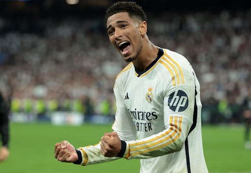 MADRID, SPAIN - MAY 8: Jude Bellingham of Real Madrid celebrates the victory following the UEFA Champions League semi-final second leg match between Real Madrid and FC Bayern Muenchen (Bayern Munich) at Estadio Santiago Bernabeu on May 8, 2024 in Madrid, Spain.(Photo by Jean Catuffe/Getty Images)