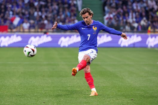 METZ, FRANCE - JUNE 5: Antoine Griezmann #7 of France shoots the ball during the International Friendly match between France and Luxembourg at Stade Saint-Symphorien on June 5, 2024 in Metz, France. (Photo by Catherine Steenkeste/Getty Images)