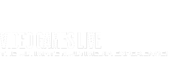 Logo for Video Games Live featuring bold white text on a black background. It reads VIDEO GAMES LIVE with the tagline THE ULTIMATE MULTIMEDIA EXPERIENCE! below it.