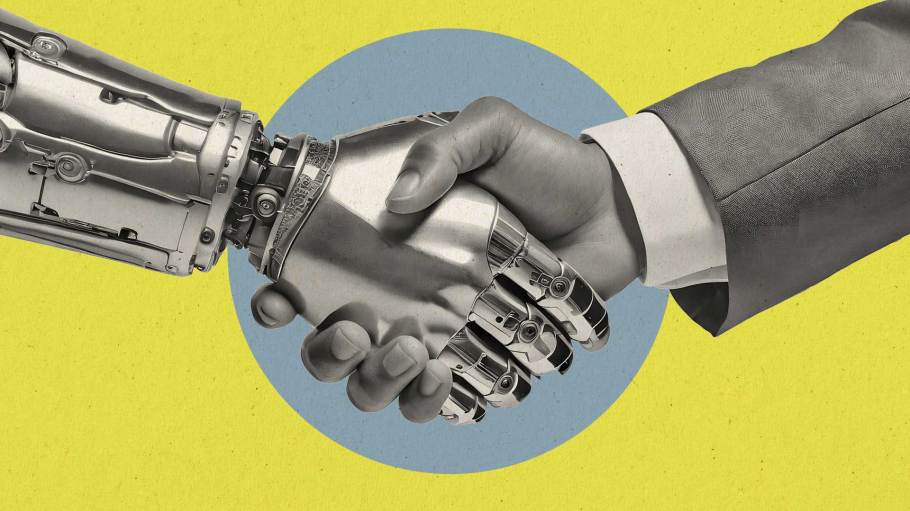 Photo illustration of a robot's hand shaking hands with a human hand