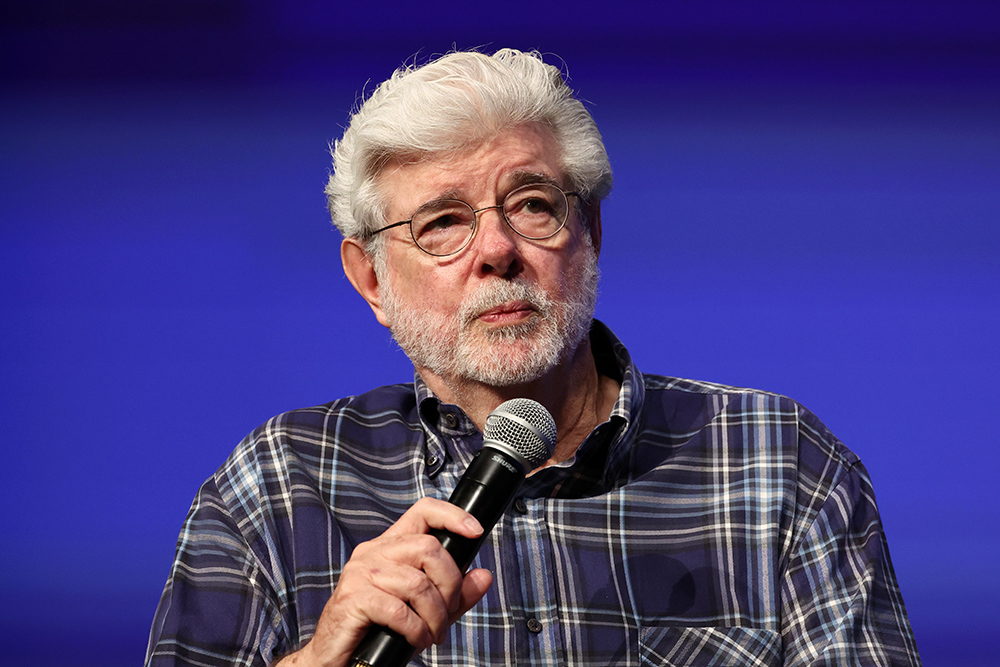 CANNES, FRANCE - MAY 24: George Lucas speaks on stage at rendez-vous with George Lucas at the 77th annual Cannes Film Festival at Palais des Festivals on May 24, 2024 in Cannes, France. (Photo by Kristy Sparow/Getty Images)