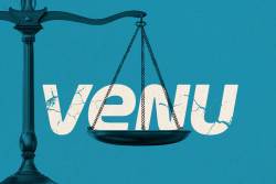 Photo illustration of the Venu logo sitting on the scales of justice