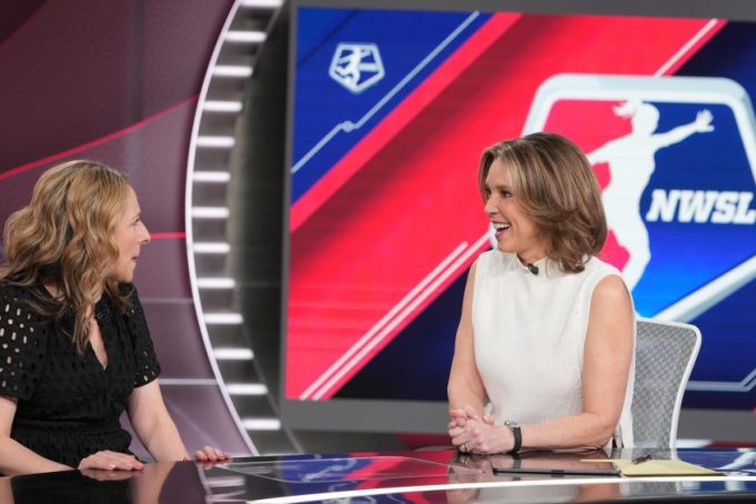 Bristol, CT - April 1, 2024 - Studio X: Jessica Berman, commissioner of the National Women's Soccer League (NWSL) and Hannah Storm on the set of SportsCenter. (Photo by Melissa Rawlins / ESPN Images)