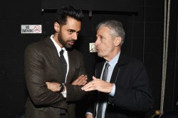 NEW YORK, NEW YORK - NOVEMBER 04: (L-R) Hasan Minhaj and Jon Stewart speak backstage during the 13th annual Stand Up for Heroes to benefit the Bob Woodruff Foundation at The Hulu Theater at Madison Square Garden on November 04, 2019 in New York City. (Photo by Bryan Bedder/Getty Images for The Bob Woodruff Foundation )