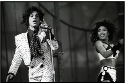 Prince performs on stage with Cat Glover on the Lovesexy tour at Feijenoord Stadion, De Kuip, Rotterdam, Netherlands, 17th August 1988. (Photo by Rob Verhorst/Redferns)