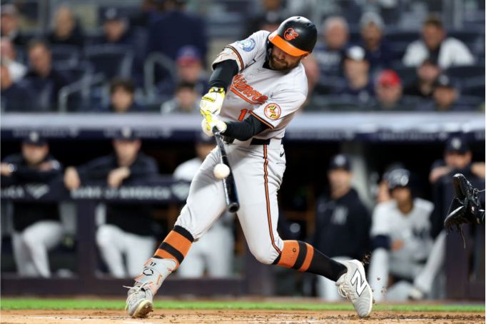 NEW YORK, NEW YORK - SEPTEMBER 25: Colton Cowser #17 of the Baltimore Orioles hits a two-RBI single against the New York Yankees during the first inning at Yankee Stadium on September 25, 2024 in the Bronx borough of New York City. (Photo by Luke Hales/Getty Images)