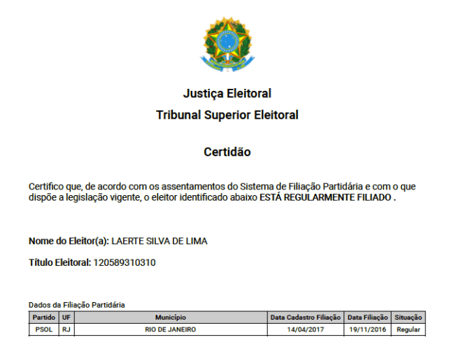 Reprodução da Certidão de Filiação Partidária de Laércio