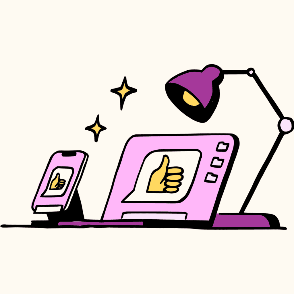 A pink laptop screen shows a thumbs up. Sparkles are floating out of it, showing how AI makes it easy to help your employees.