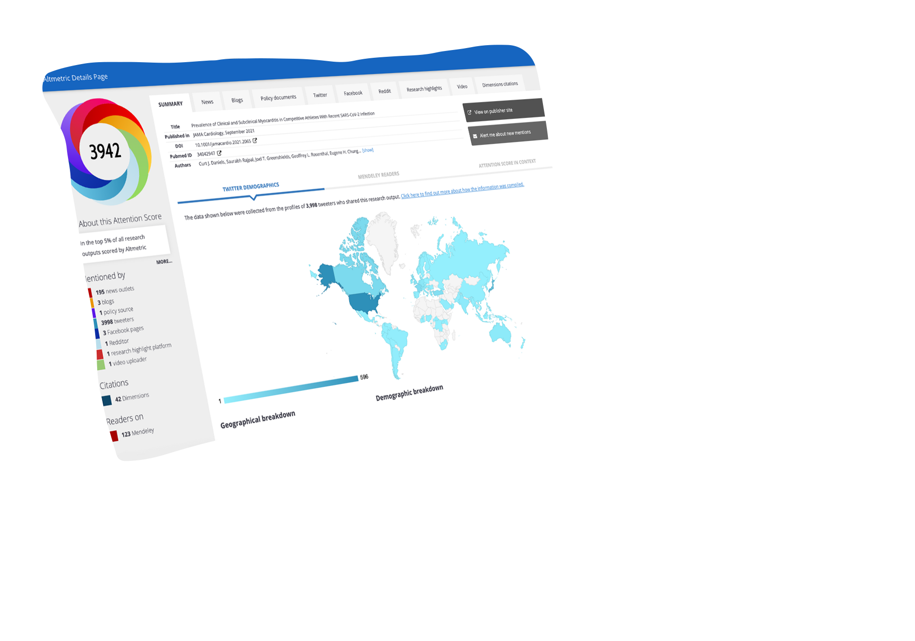 an angled laptop with a web browser showing a sidebar with an Altmetric donut and square icons next to multiple menu tabs, citation data and a map