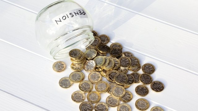 Article thumbnail: One pound coins spilling out of an upturned jar marked 'Pension' illustrating the withdrawal and spending of an entire pension leaving no resources.