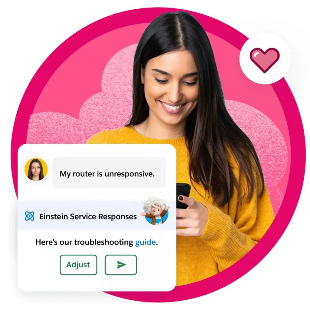A customer uses her phone to log a router problem and gets an automated Einstein response linking to a troubleshooting guide.