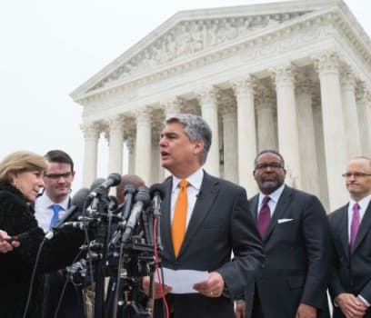 UT President Greg Fenves in front of the Supreme Court defending UT admissions process