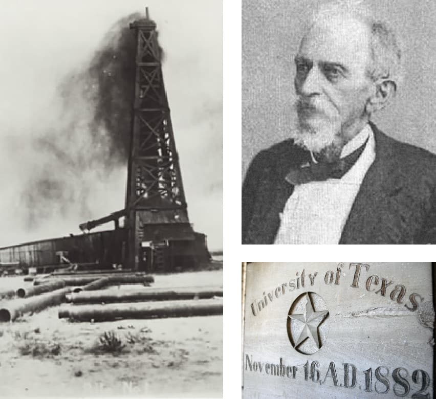 Collage image of Santa Rita oil rig, Ashbel Smith portrait, and a UT Austin cornerstone from 1882