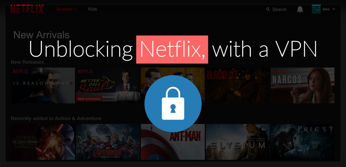 Lock in front of a transparent background of Netflix homepage. Text overlay says Unblocking Netflix with a VPN. 