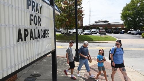 A sign in downtown Winder shows the community’s support for Apalachee High School following Wednesday's shooting at the school. A 14-year-old opened fire at the Barrow County school, killing two students and two teachers. (Hyosub Shin / AJC)